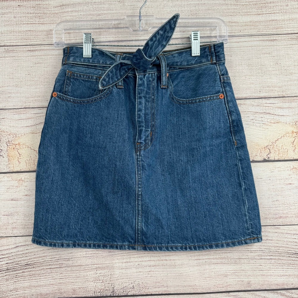 Madewell Denim Skirt Women 24 Blue Rigid Straight Mini Tie Waist AL385